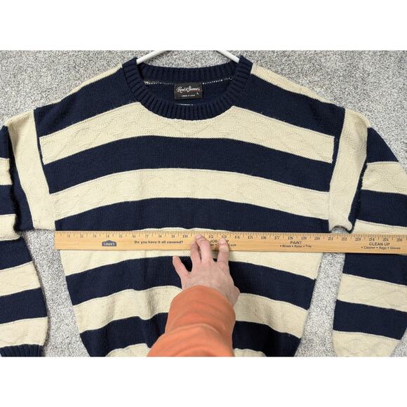 Vintage 80s 90s Reed St James Sweater L Blue Cream Stripe Preppy Heritage Knit - Picture 3 of 10